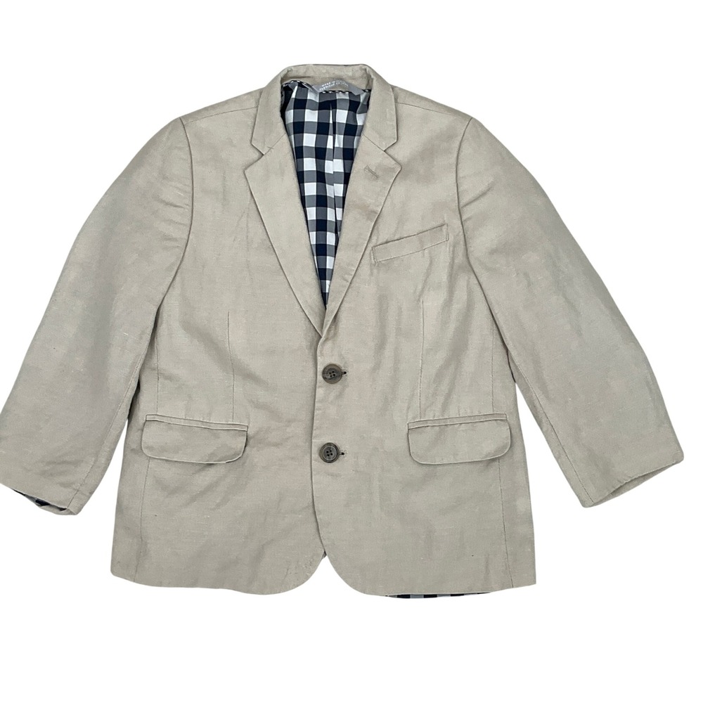 Nordstrom Blazer Kids‎ Sz 7 Tan Linen Gingham Lined Classic Preppy Suit Jacket